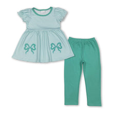 Load image into Gallery viewer, Short sleeves mint stripe bow tunic leggings girls outfits