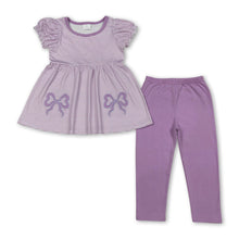 Load image into Gallery viewer, Short sleeves lavender stripe bow tunic leggings girls outfits