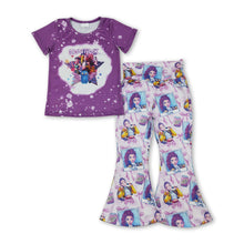 Load image into Gallery viewer, Purple bleached top bow music pants girls clothing set