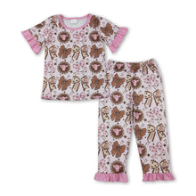 Load image into Gallery viewer, Pink ruffle short sleeves cow bow western girls pajamas