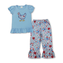 Load image into Gallery viewer, Floral chicken embroidery top ruffle pants girls outfits