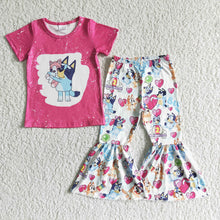 Load image into Gallery viewer, Pink bleached shirt cute dog bell bottom pants baby girls clothes