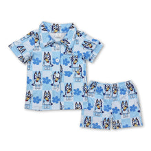 Load image into Gallery viewer, Light blue floral dog  plaid kids girls button down pajamas
