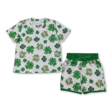 Load image into Gallery viewer, Short sleeves green clover top shorts girls St Patrick's set