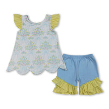 Load image into Gallery viewer, Flutter sleeves floral bow scallop top shorts girls outfits