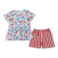 Load image into Gallery viewer, Red blue bow peplum stripe shorts girls 4th of july outfits