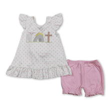 Load image into Gallery viewer, Polka dots cross tunic pink ruffle shorts girls outfits