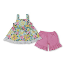 Load image into Gallery viewer, Sleeveless floral tunic pink ruffle shorts girls outfits