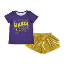 Load image into Gallery viewer, Purple Mardi Gras top yellow shorts kids girls outfits