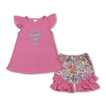 Load image into Gallery viewer, Flutter sleeves floral cross embroidery girls Easter outfits