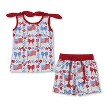 Load image into Gallery viewer, Sleeveless floral bow flag top shorts girls 4th of july outfits