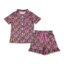 Load image into Gallery viewer, Short sleeves pink bow camo adult women button down pjs
