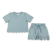 Load image into Gallery viewer, Short sleeves sky blue scallop top shorts girls summer outfit