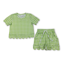 Load image into Gallery viewer, Lime green plaid scallop top shorts girls summer outfit