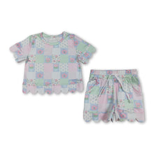 Load image into Gallery viewer, Short sleeves floral plaid scallop kids girls summer outfits