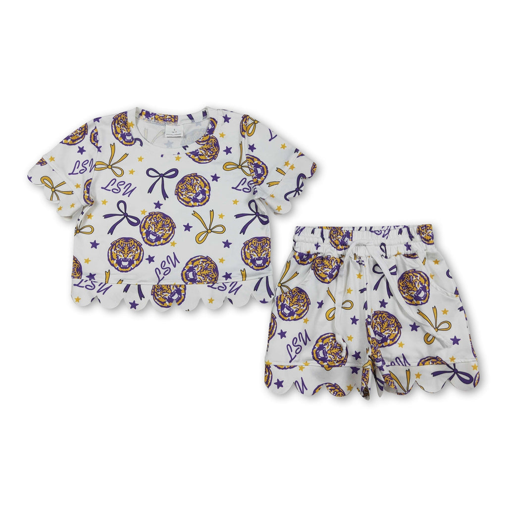Short sleeves tiger bow scallop girls team outfits