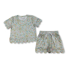 Load image into Gallery viewer, Mint floral scallop short sleeves top shorts girls summer set