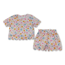 Load image into Gallery viewer, Short sleeves floral bow scallop kids girls summer outfits