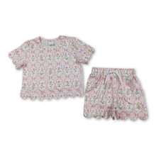Load image into Gallery viewer, Short sleeves pink floral scallop kids girls summer outfits