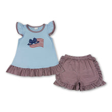 Load image into Gallery viewer, Flutter sleeves flag bow stripe shorts girls 4th of july outfit