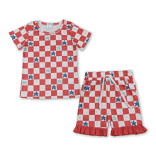 Load image into Gallery viewer, Short sleeves plaid stars kids girls 4th of july outfit