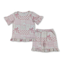Load image into Gallery viewer, Short sleeves bow cherry top shorts girls outfits