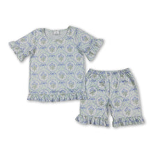 Load image into Gallery viewer, Short sleeves floral bow ruffle top shorts girls outfits