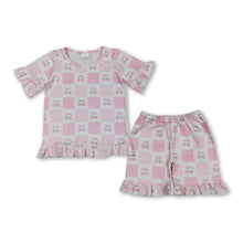 Load image into Gallery viewer, Short sleeves pink bow strawberry kids girls outfits