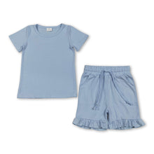 Load image into Gallery viewer, Short sleeves light blue cotton top ruffle shorts girls outfits