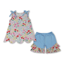 Load image into Gallery viewer, Sleeveless floral scallop top light blue shorts girls outfits