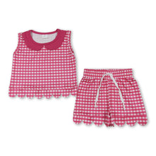 Load image into Gallery viewer, Sleeveless hot pink plaid scallop top shorts girls outfits