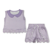 Load image into Gallery viewer, Sleeveless lavender plaid scallop top shorts girls outfits