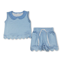 Load image into Gallery viewer, Sleeveless light blue plaid scallop top shorts girls outfits