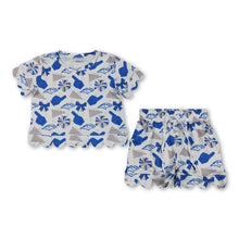 Load image into Gallery viewer, Short sleeves blue bow scallop top shorts girls team outfits