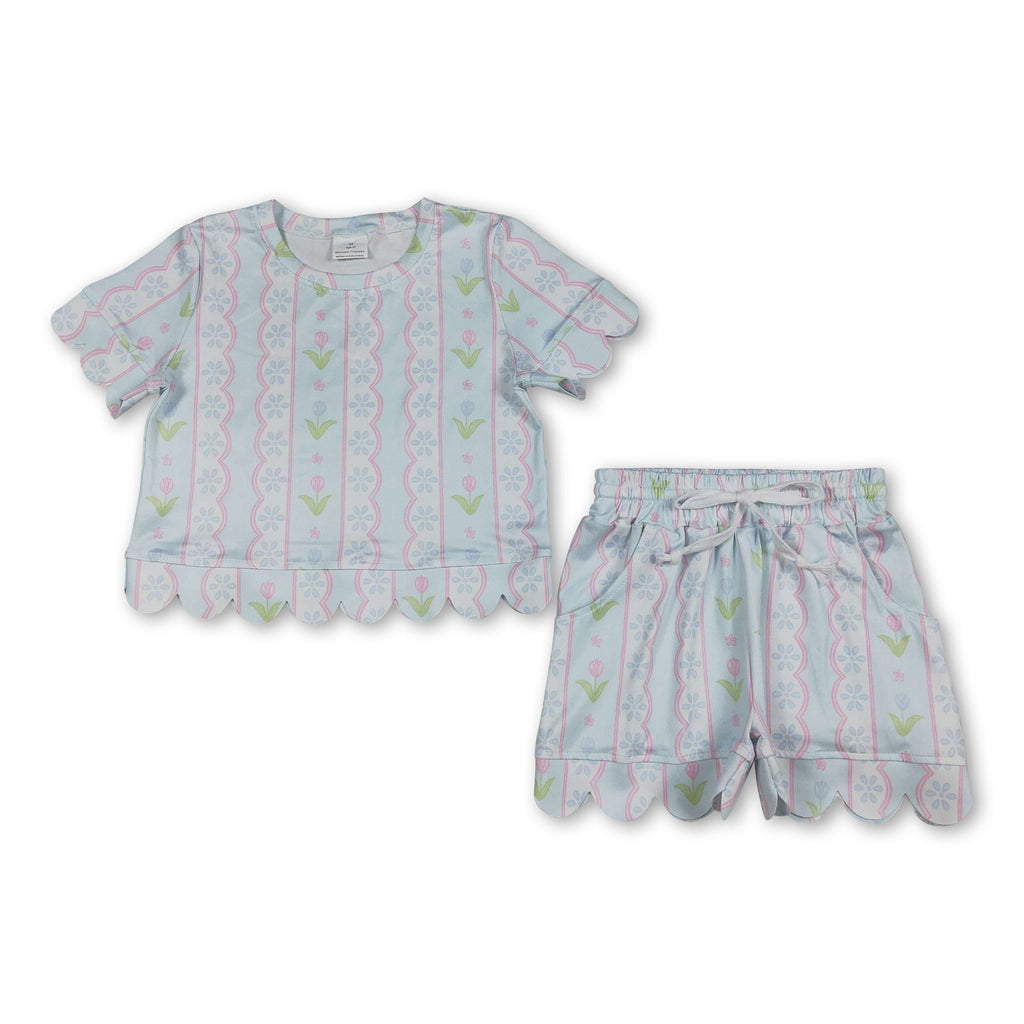 Short sleeves light blue floral scallop kids girls summer outfits