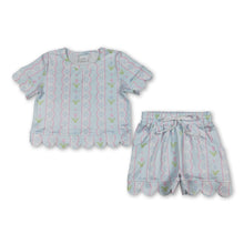 Load image into Gallery viewer, Short sleeves light blue floral scallop kids girls summer outfits