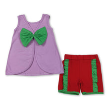 Load image into Gallery viewer, Sleeveless bow purple top red shorts princess girls outfits