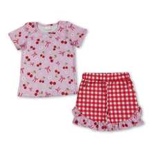 Load image into Gallery viewer, Short sleeves cherry bow top plaid shorts girls outfits