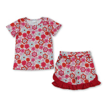 Load image into Gallery viewer, Short sleeves floral top red ruffle shorts girls outfits