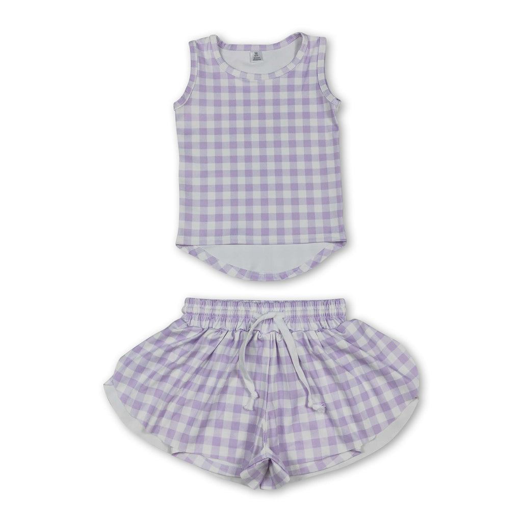 Sleeveless lavender plaid top shorts girls active wear set