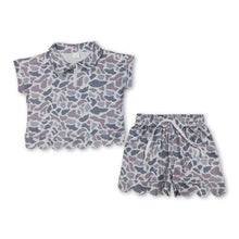 Load image into Gallery viewer, Short sleeves grey camo scallop pullover shorts girls outfits