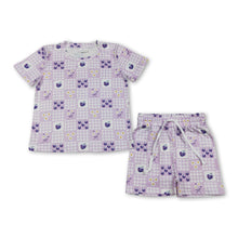 Load image into Gallery viewer, Short sleeves lavender plaid top shorts girls outfits