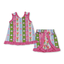 Load image into Gallery viewer, Sleeveless pink ruffle floral top shorts girls summer set