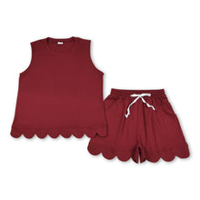 Load image into Gallery viewer, Maroon sleeveless cotton scallop top shorts women set