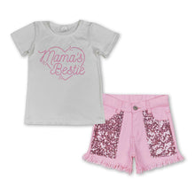Load image into Gallery viewer, Mama's bestie heart top sequin denim shorts girls clothes