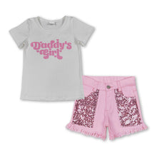 Load image into Gallery viewer, Daddy's girl top sequin denim shorts kids summer clothes