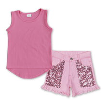 Load image into Gallery viewer, Sleeveless active top sequin denim shorts girl summer clothes