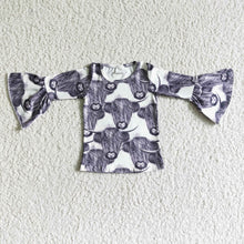 Load image into Gallery viewer, Gray highland cow ruffle sleeves girls shirt
