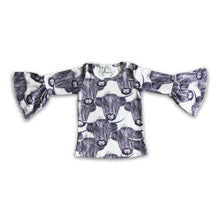 Load image into Gallery viewer, Gray highland cow ruffle sleeves girls shirt
