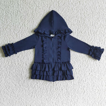 Load image into Gallery viewer, Solid blue zipper jacket girls ruffle hoodie cardigan